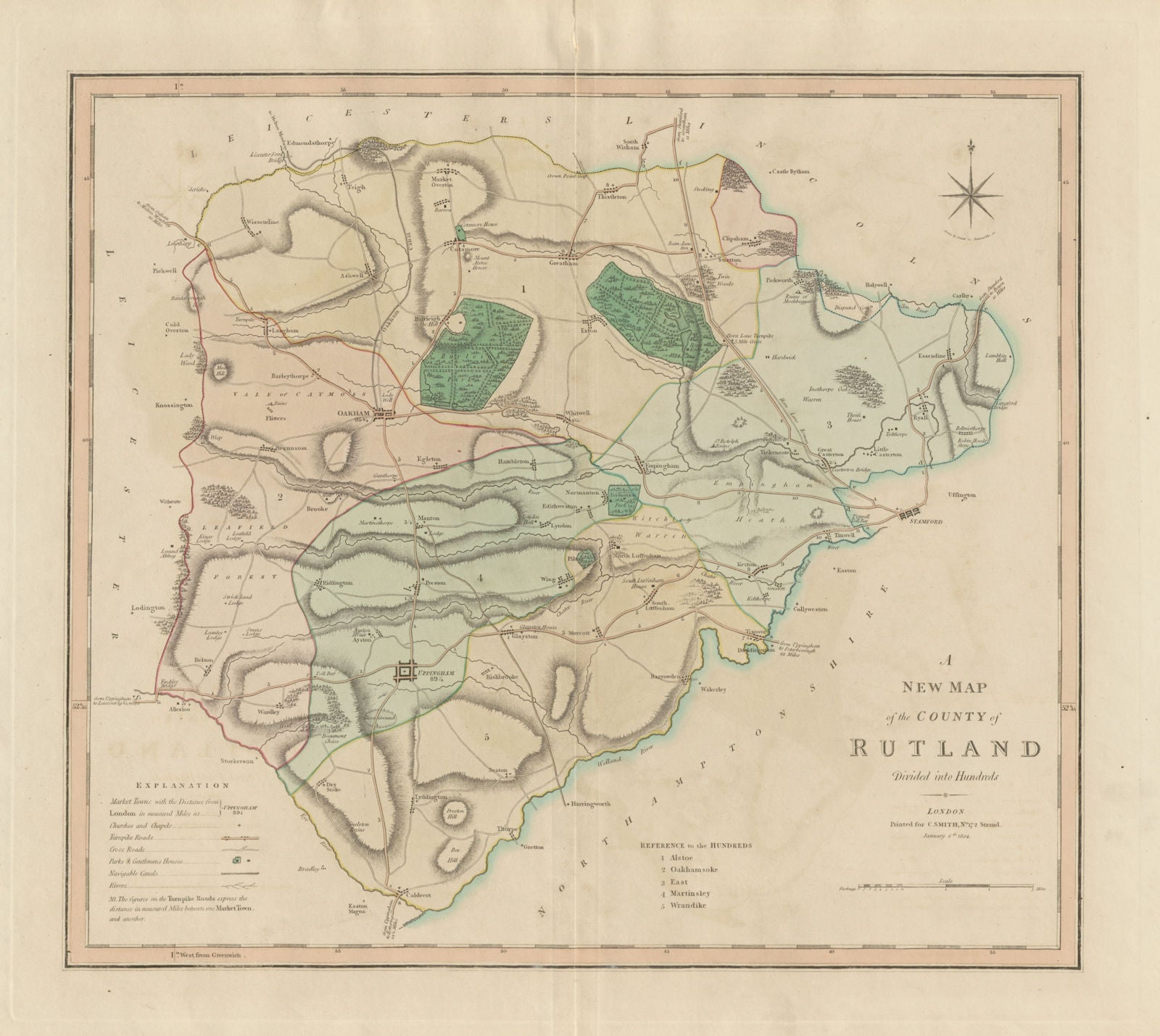 'A New Map of the County of Rutland', by Charles Smith. Uppingham Oakham 1804